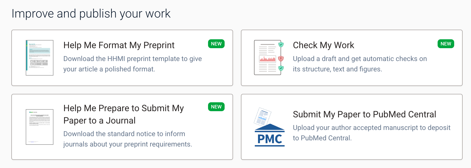 A deployer-configured task section on the dashboard: the heading, which tasks appear, and their order all come from config, and recently added cards carry a green NEW badge.