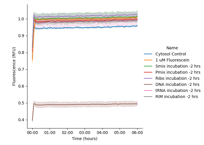 No reduction in expression was observed relative to the Cytosol Control reaction across any condition, except for the pre-incubated DNA sample. This decrease is likely driven by thermal degradation of the template via contaminating DNases. Note: As a result of transient plate reader malfunctions during the incubation period, only steady state yields were recorded.