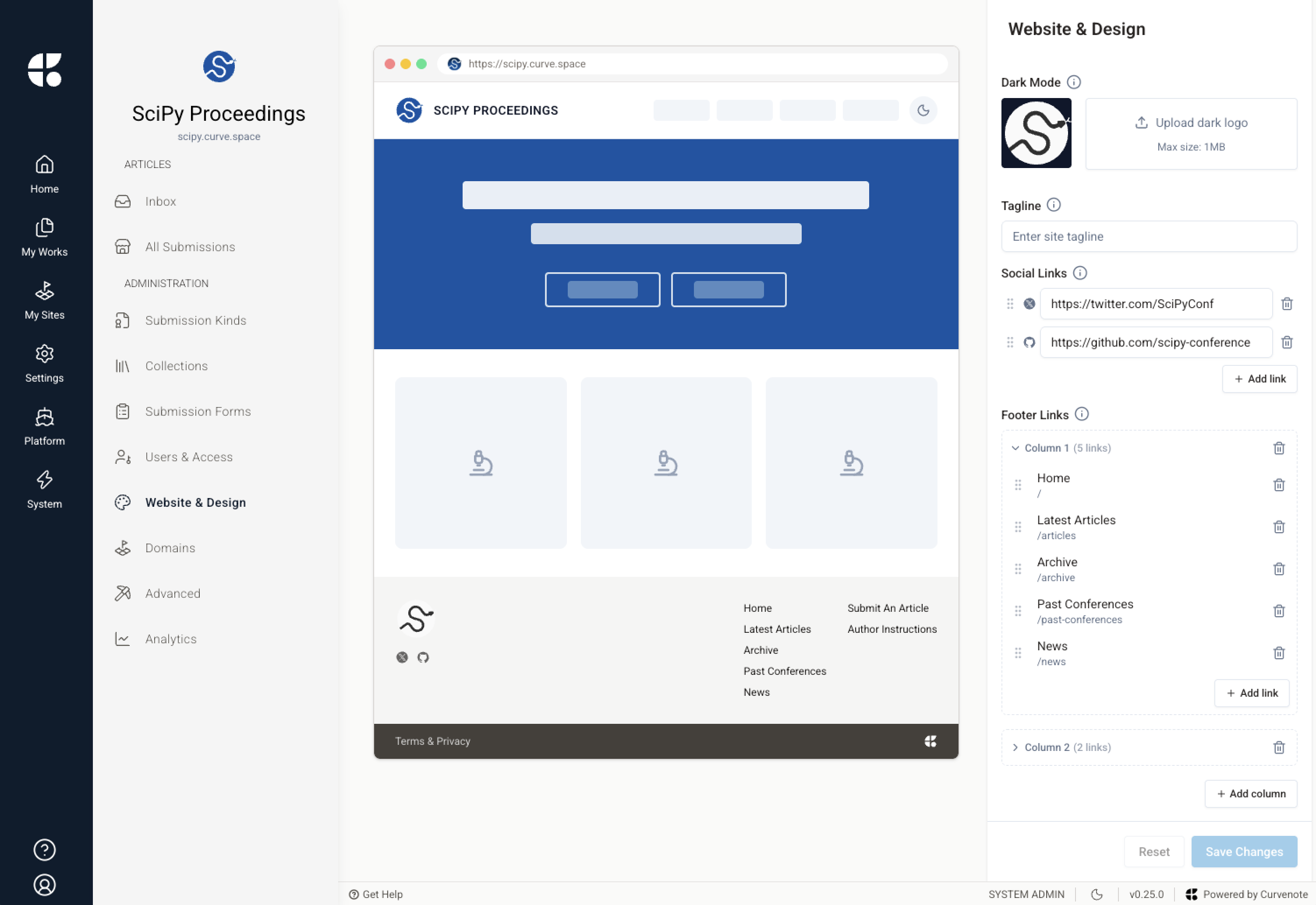 Website & Design for the SciPy Proceedings site: the full-height settings panel on the right holds the dark-mode logo, tagline, social links, and footer link columns, while the live preview beside it renders the real footer those fields produce.