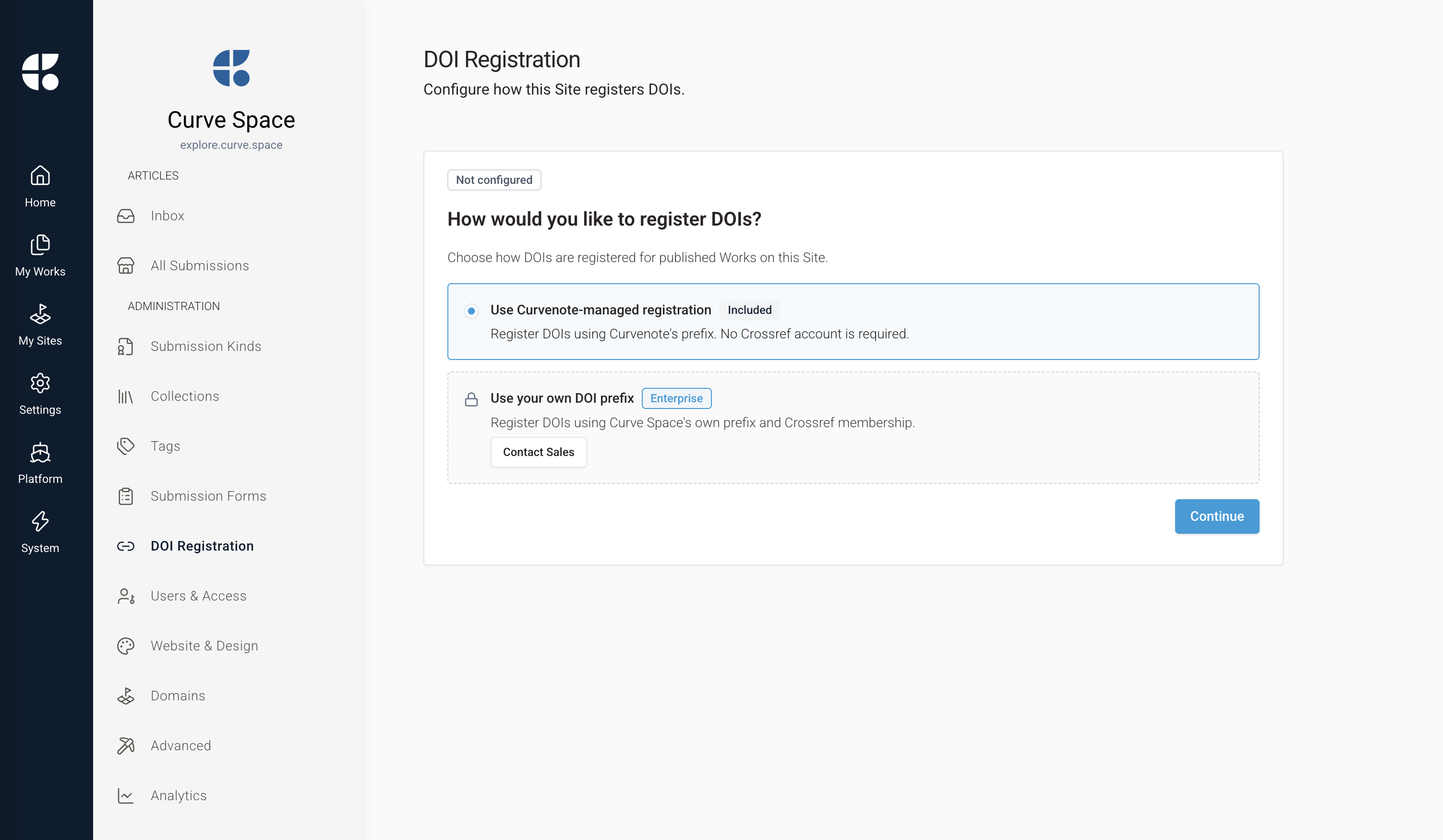 The Site → DOI Registration page before setup: a site registers DOIs under Curvenote’s prefix, included with every site and needing no Crossref account, or under its own prefix and Crossref membership on an enterprise plan.