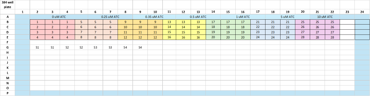 Plate layout. Conditions 1–28 occupy rows B–E, columns 2–22, in triplicate and grouped in threes by aTc concentration. Rows run no DNA (B), no TetR (C), 500 nM TetR (D) and 1000 nM TetR (E). Fluorescein standards S1–S4 sit in row G, columns 2–9, in duplicate. Shaded wells around the perimeter hold water only.