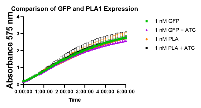CPRG conversion at 575 nm over 5 h, n = 3 technical replicates. Traces for 1 nM pOpen-TetO-deGFP and 1 nM pOpen-TetO-PLA are nearly superimposable, indicating that the signal reflects protein expression rather than PLA1 activity.