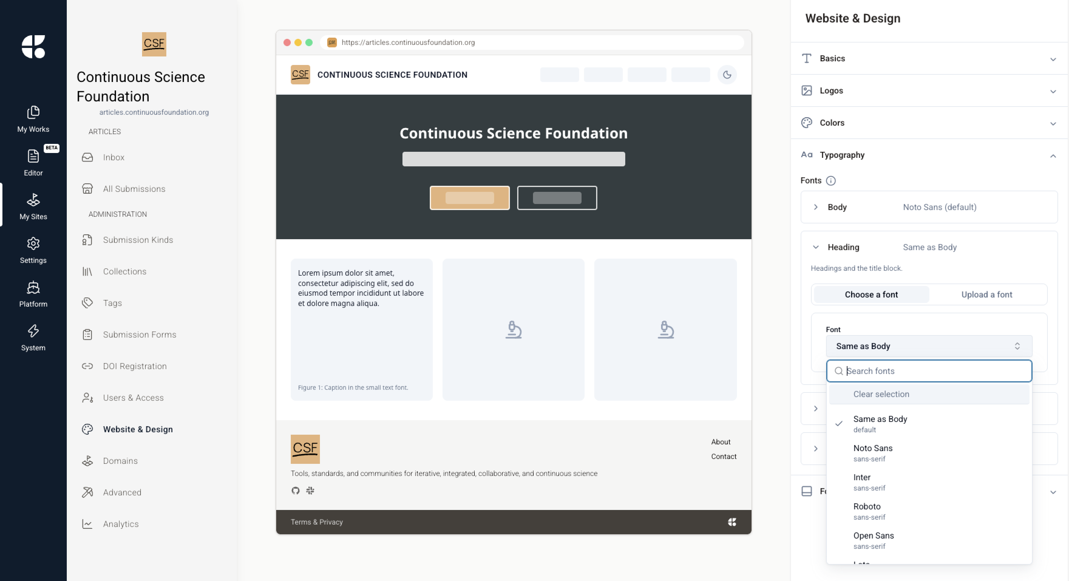 The refreshed typography picker on Site → Website sets body and heading fonts against a live site preview, with search and upload-a-font options alongside the built-in choices.