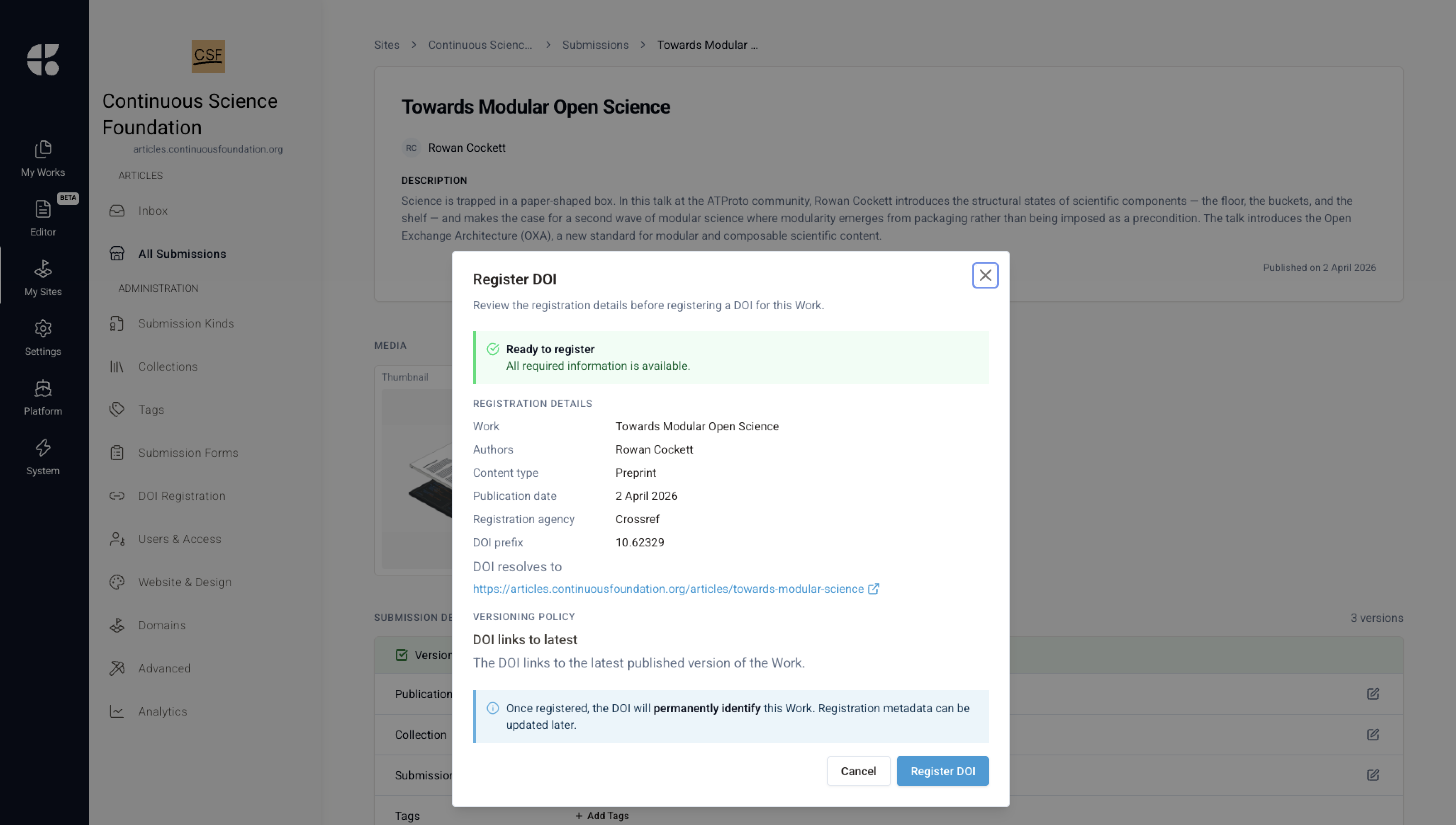 The Register DOI dialog reviews the registration details — authors, content type, publication date, agency, and versioning policy — before a site admin deposits the DOI with Crossref.