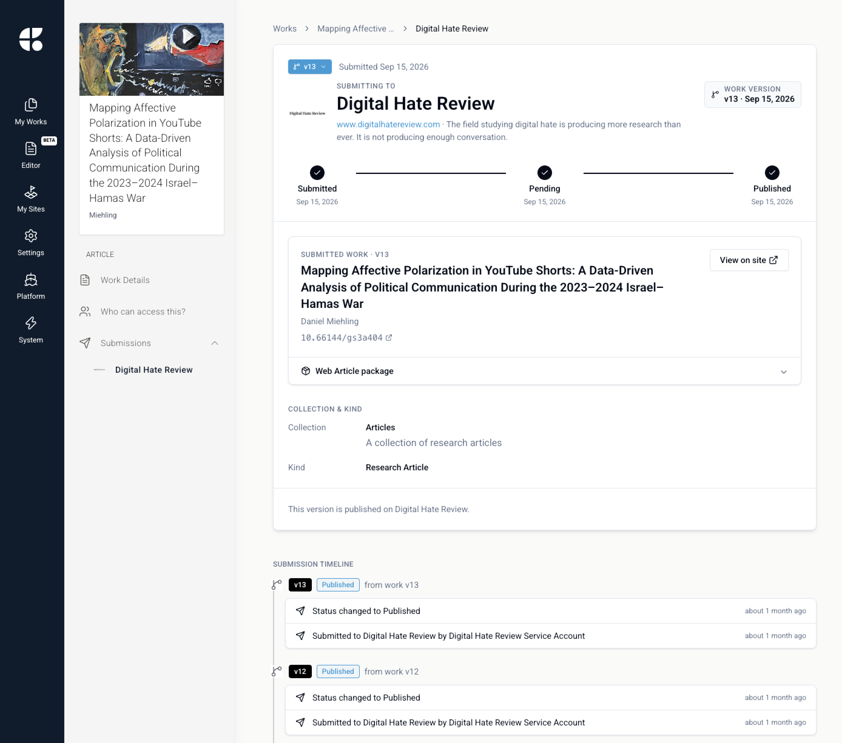 The submission detail page leads with a status card that tracks the submission through the collection’s workflow — Submitted, Pending, Published — above a per-version timeline that links the DOI and groups each version’s activity.