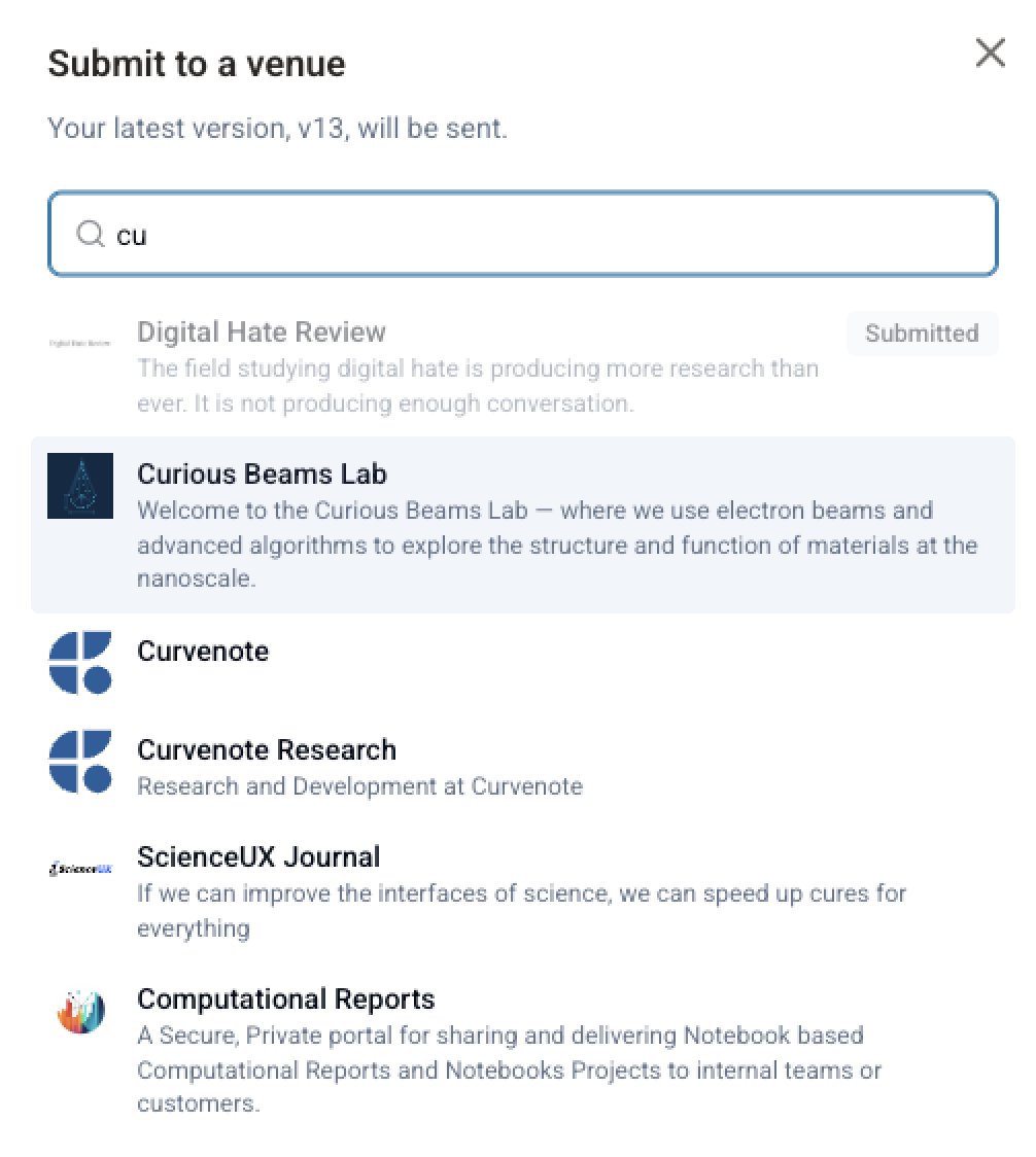 The Submit to a venue dialog names the version it will send and opens with focus in the search box, so typing filters the venues right away — with already-submitted venues marked and out of reach.