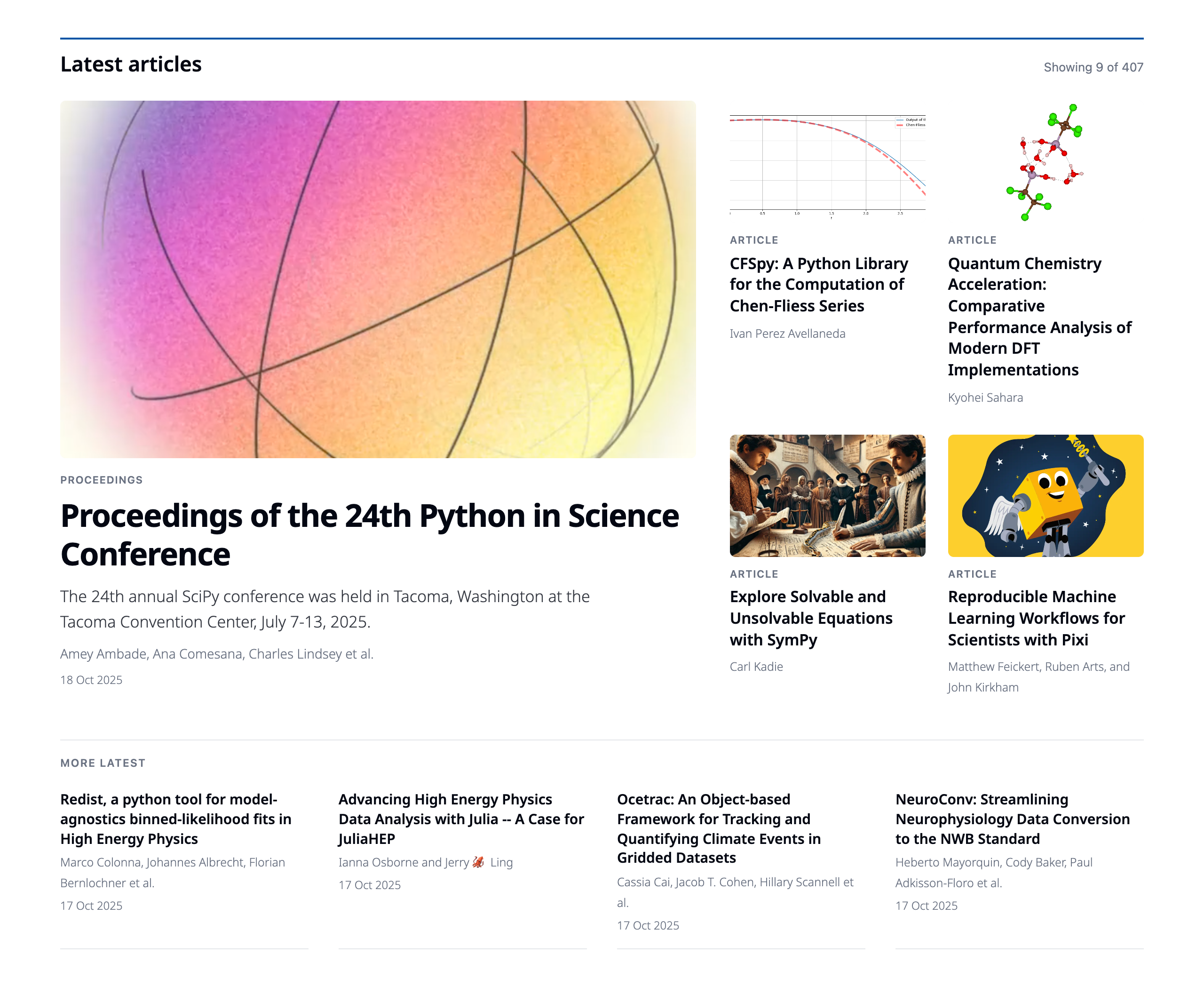 The magazine layout: a large lead, four medium articles and a compact list of the rest, newest first.