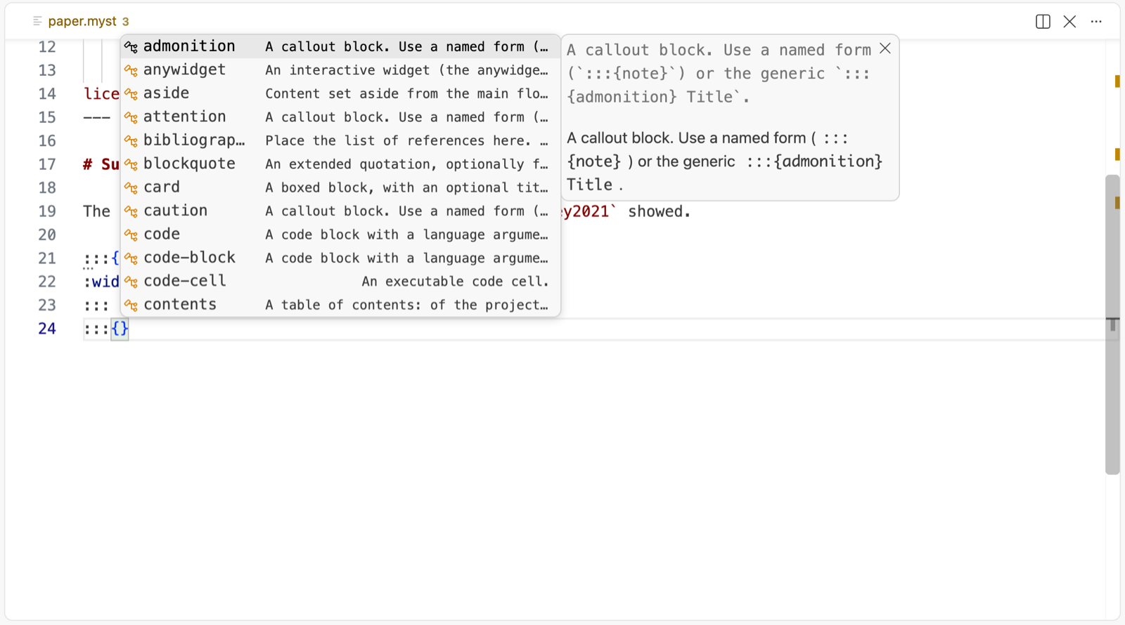 Directive names after :::{, each with a one-line summary.