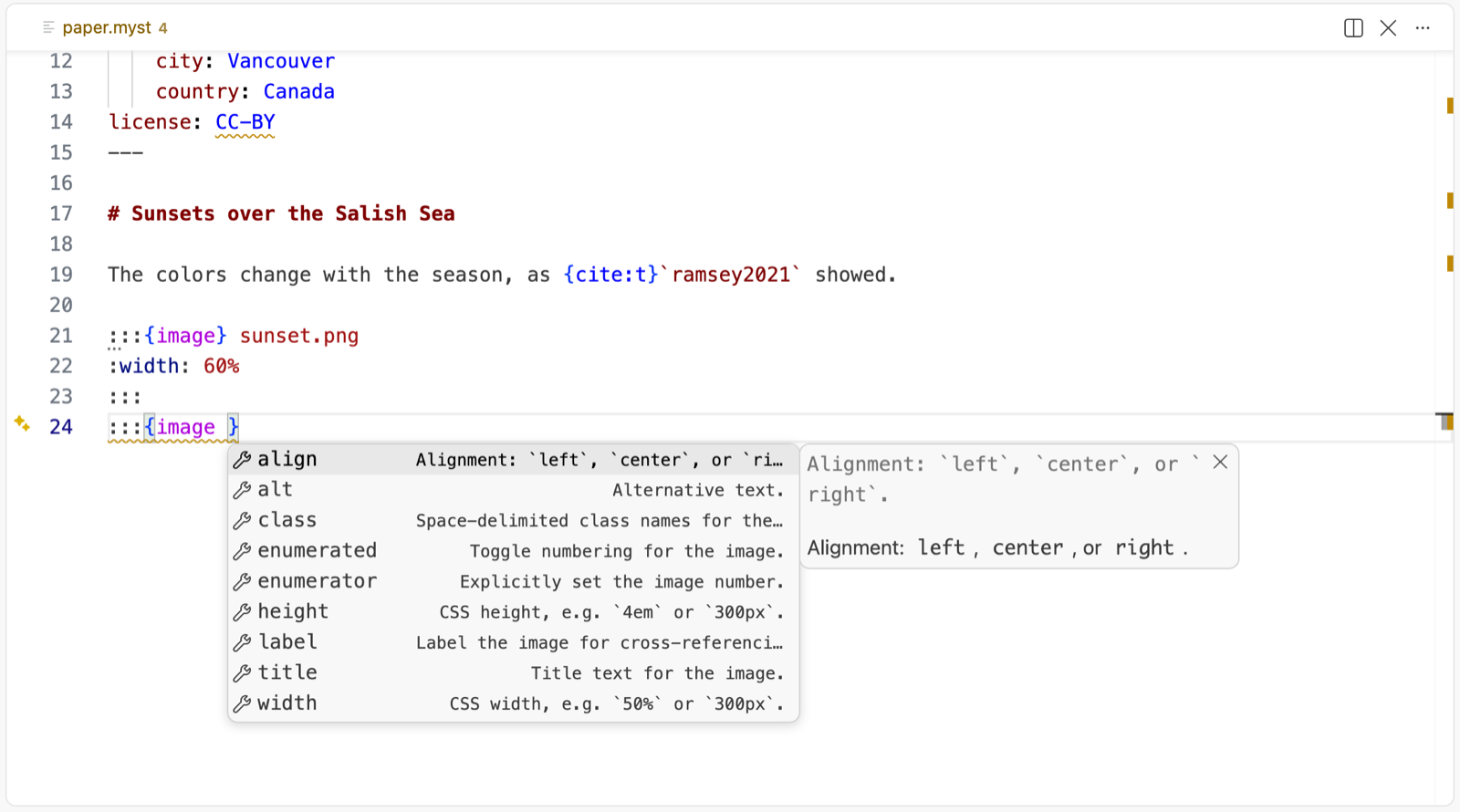 The options of the image directive, each with its documentation, suggested as you type.