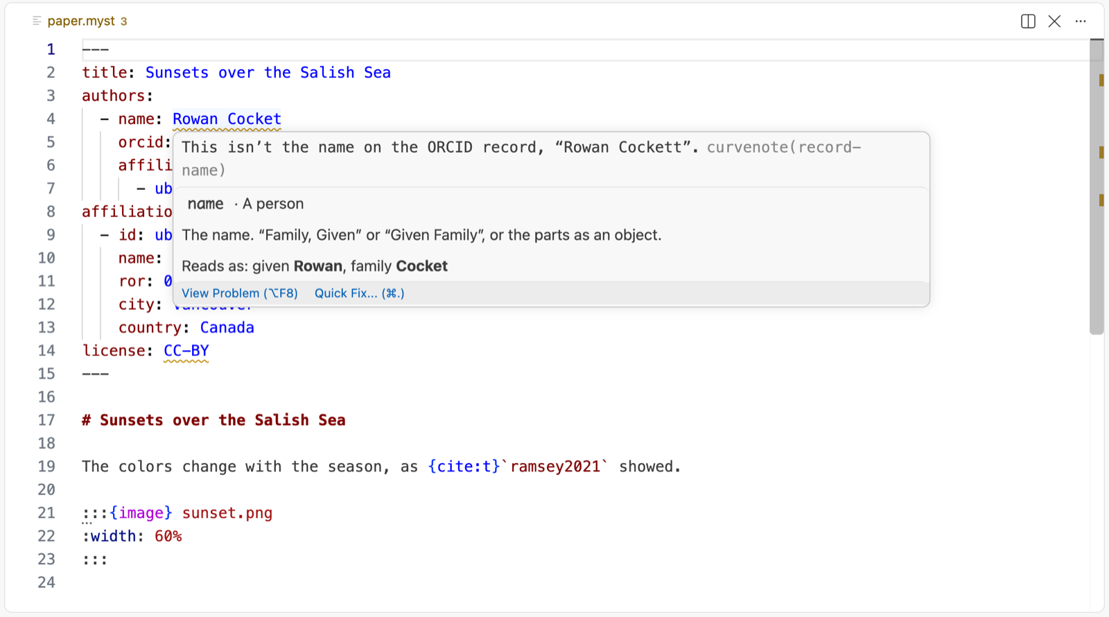 An author’s name that isn’t the one on their ORCID record, with a quick fix that writes the record’s name.