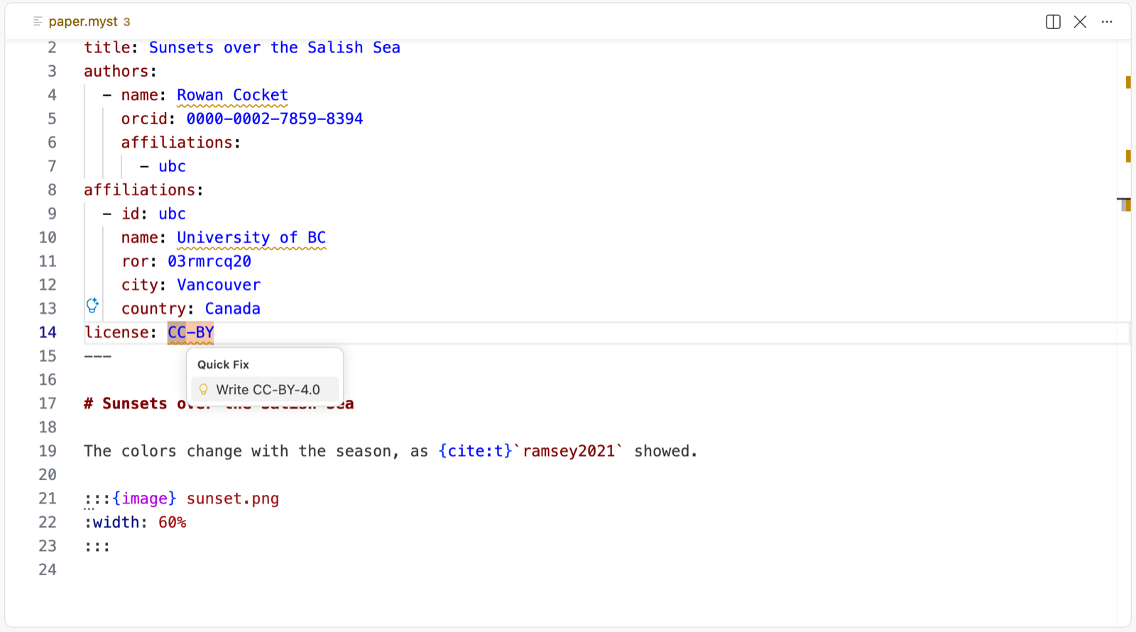 The quick fix that writes CC-BY as the SPDX license CC-BY-4.0.