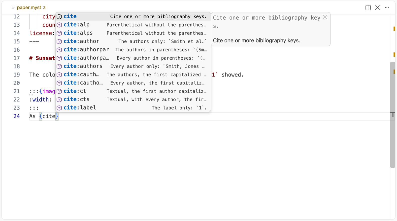 Each cite variant with what it writes in the page.