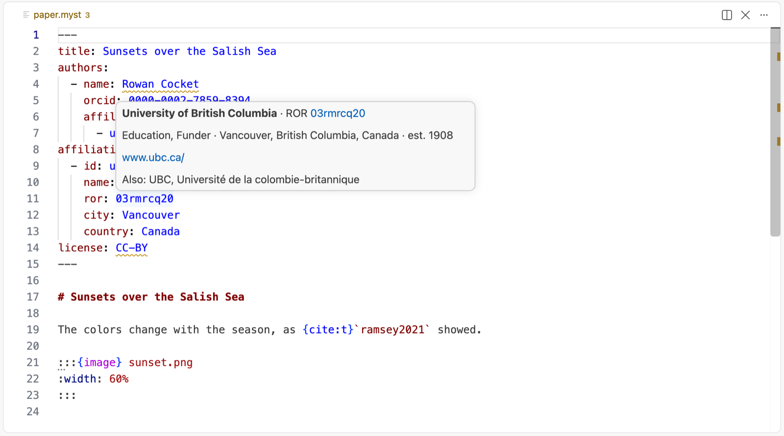Hovering a ROR ID shows the organization’s record.