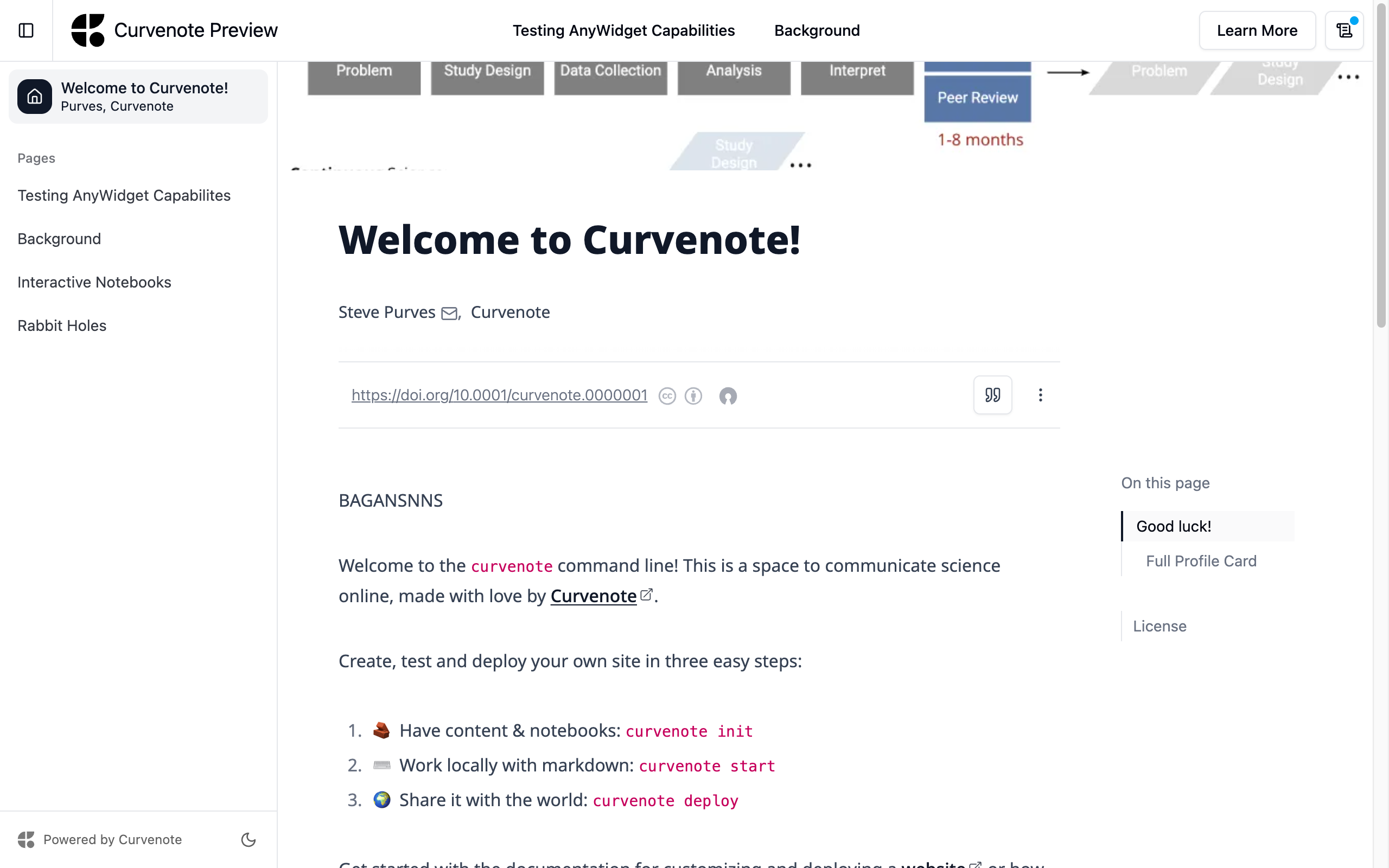 A project rendered by curvenote start in the Curvenote theme, the default site template.