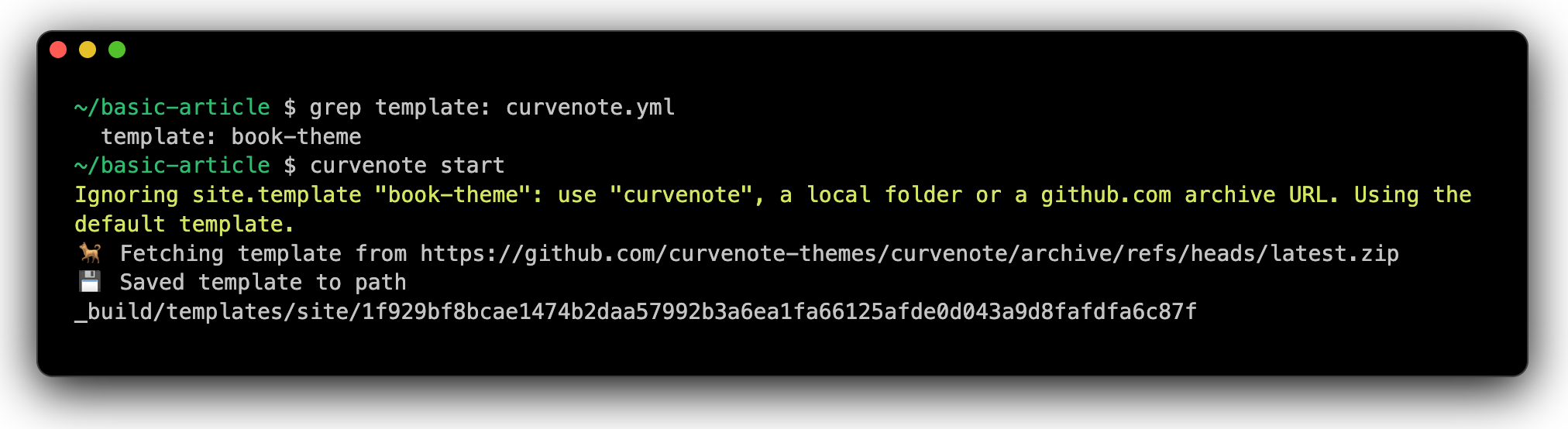 A site.template the CLI does not accept, such as book-theme, falls back to the Curvenote theme with a warning.